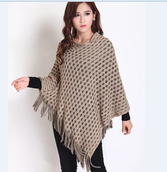

Newest fashion batwing cape shawl elegant lady's long knit fringed poncho shawl sweater
