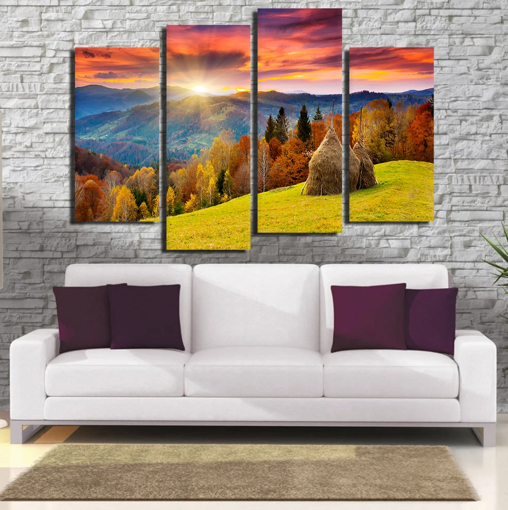 4 Pieces Wall Art Canvas Autumn Sunrise Landscape Canvas Art Painting