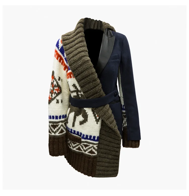 

Patchwork Irregular Women Sweater Woolen Blazer with Belt