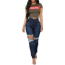 Модные женские обтягивающие джинсы Рваные, с дырками джинсовые штаны с низкой талией, зауженный брюки S-2XL, большие размеры темно-синие джинсы на осень