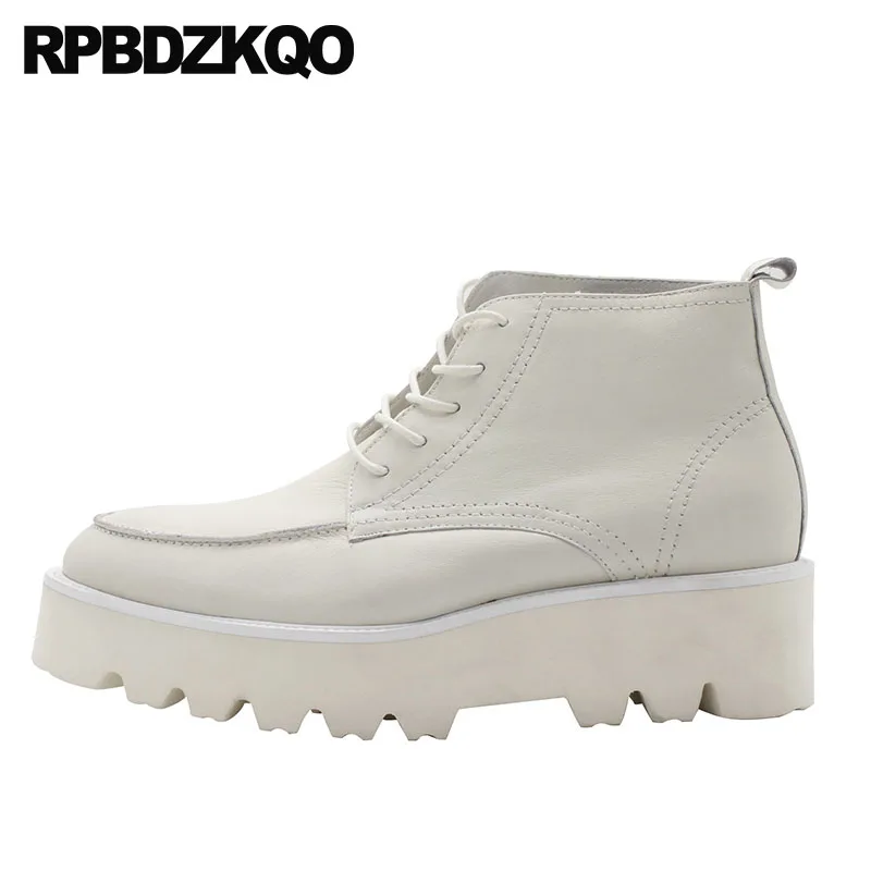 Booties White Ankle High Sole Shoes Men Full Grain Leather Boots Fall