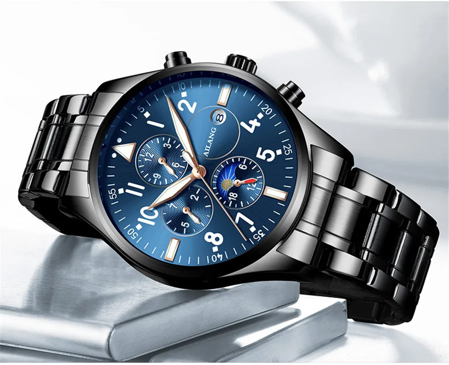 Элитный бренд серебро Нержавеющая сталь часы Для мужчин Топ светящиеся Повседневное Календарь автоматические механические часы Moon Phase
