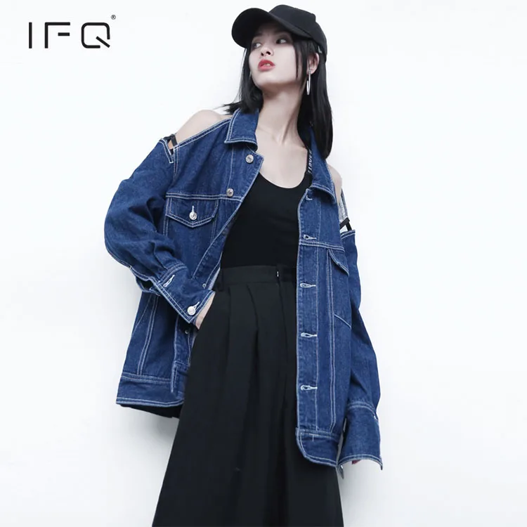 Ifq 2017 Boyfriend Стиль выдалбливают Свободные джинсовые куртки Для женщин Однобортный