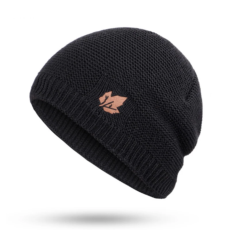 Модная трикотажная шляпа унисекс, зимняя теплая шапка, вязаная шерстяная шапка с листьями, шапка для женщин и мужчин, шапка с рукавом