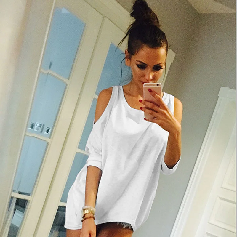 

Sexy Women Off Shoulder Loose T-shirt Three Quarter Sleeves Summer Casual Long T-shirts Tee Tops QL Sale