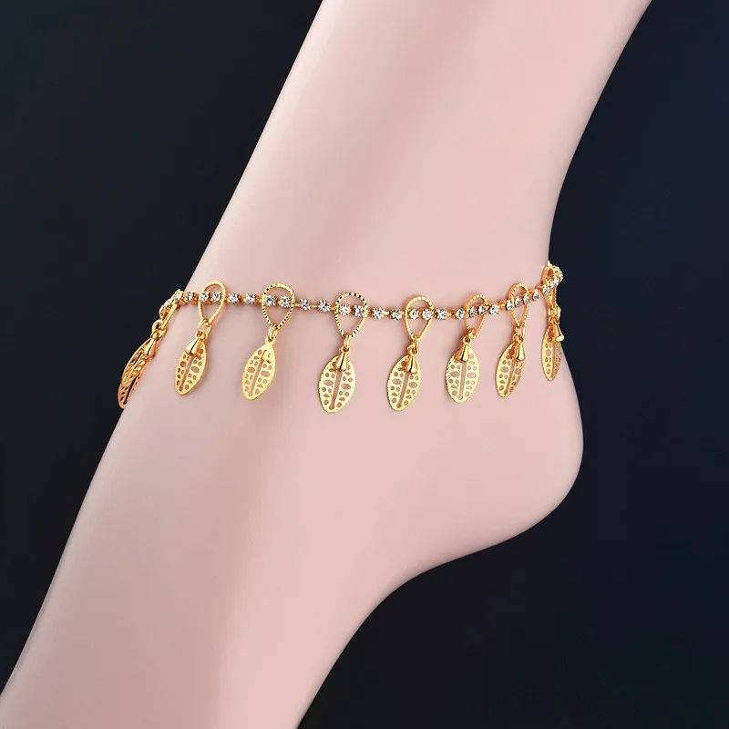 Indian Leaf Anklet Women Foot Jewelry Gold Color Pave Cubic Zirconia