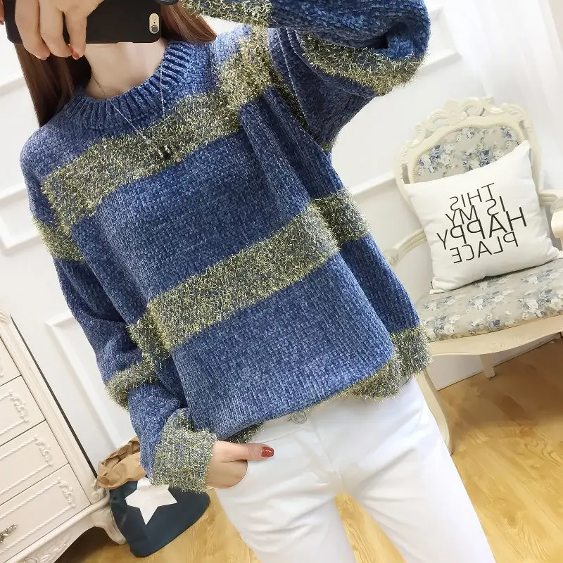 

Women Sweaters Chenille Striped Lantern Sleeve Elastic Knitted Ladies Pullovers Female Winter O-Neck Short Sweaters Mujer Femme