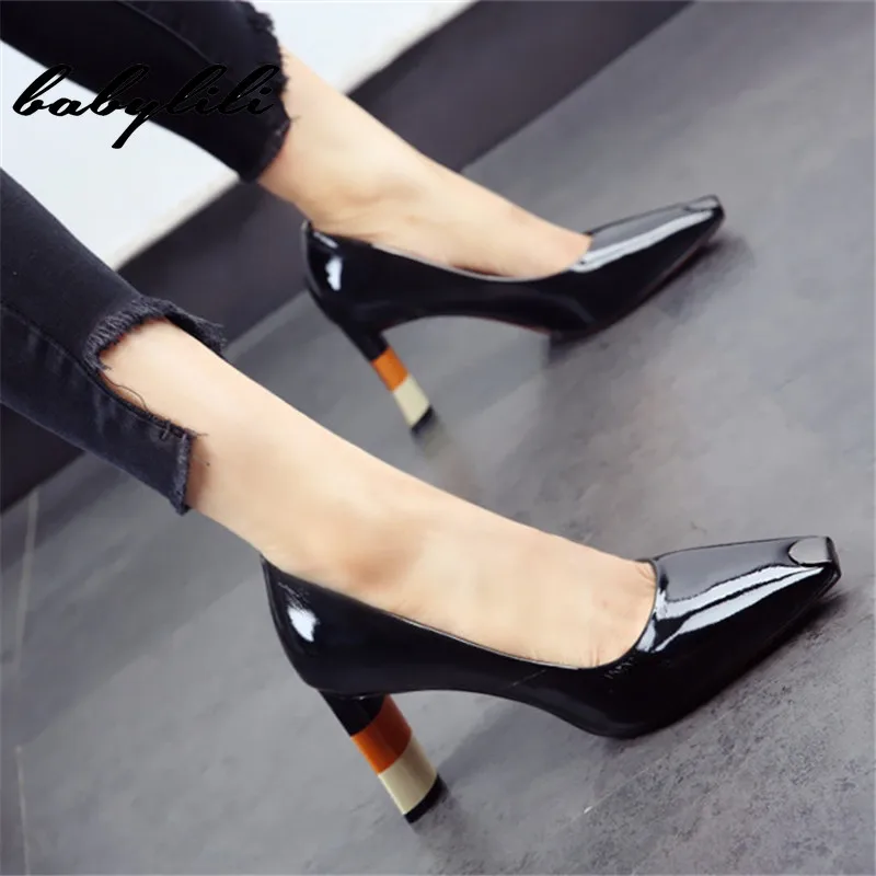 

Women High Heel Shoes Colored Heel Metal Square Toe Girls Party Wedding Shoes Spring Women Pumps High Heels Black Blue Red