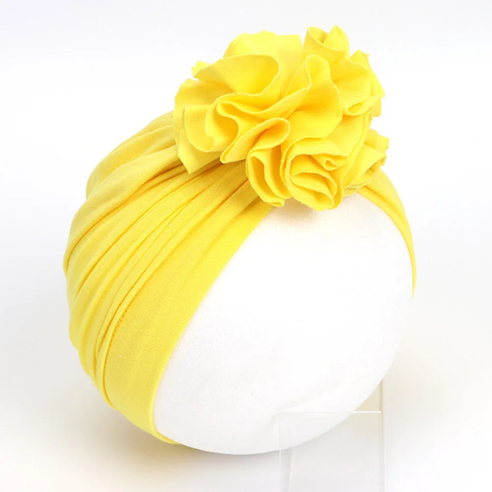 Yellow Новые детские вязаные шапочки, хлопковая шапочка с цветочным рисунком для новорожденных девочек, детская эластичная Тюрбан - Цвет: Yellow