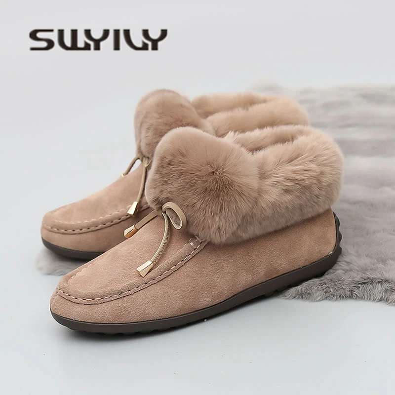 SW Genue Leather Woman Winter Warm Snow Boots Rabbit Fur 2018 Winter New Bow Casual Famale Shoes Comfortable Ankle Snow Boots