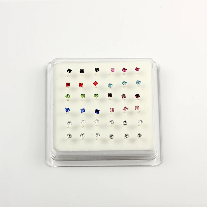 

36 pcs/box 2.5 mm mixed color Square crystal piercing nose pin 925 sterling silver nose stud