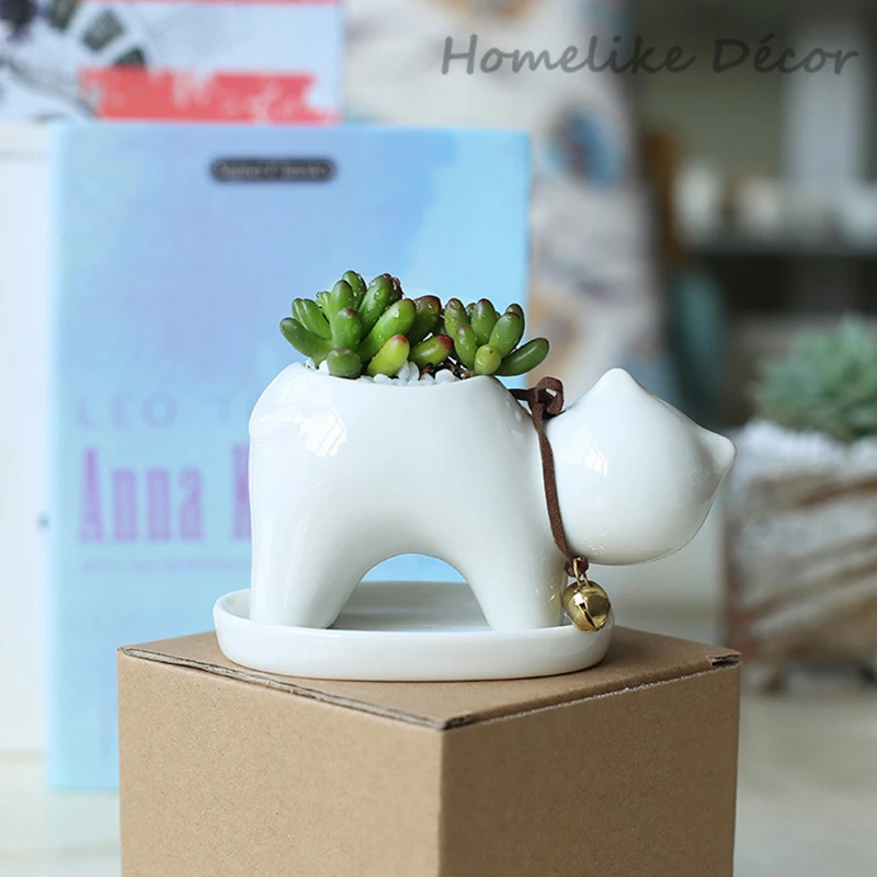 Набор из 2 предметов в форме котенка керамический цветочный горшок мини-кошка фарфоровый цветочный горшок с поддоном для рабочего стола украшение дома и сада