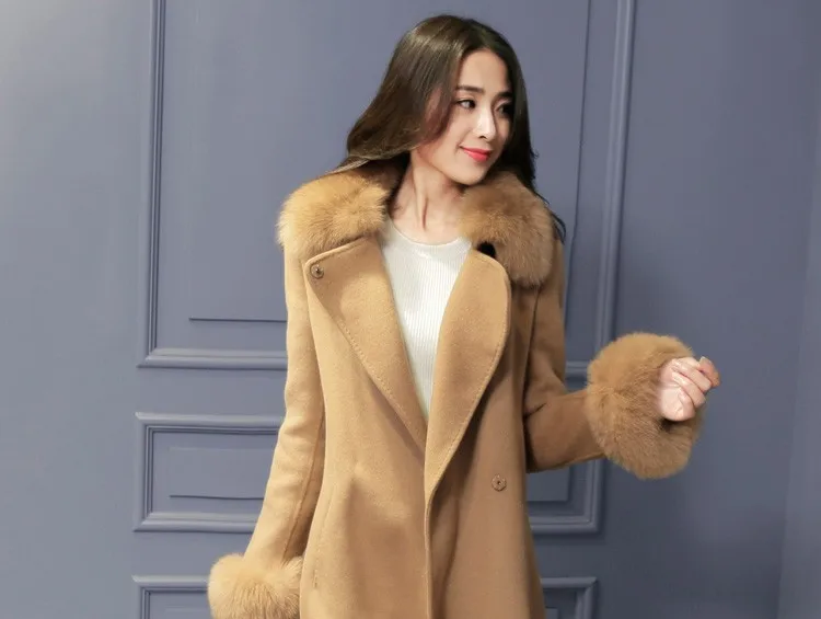 Большое шерстяное пальто с меховым воротником для женщин Осень Зима Новое тонкое длинное женское пальто 3 цвета размера плюс Casaco Feminino AW0307
