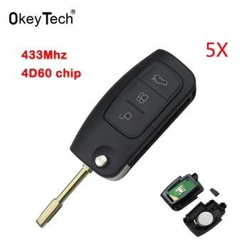 

OkeyTech 5pcs/lot 3 Button Flip Remote Smart Car Key 433Mhz 4D60 Chip for Ford Focus Mondeo Galaxy Fiesta C Max S Max FO21 Blade