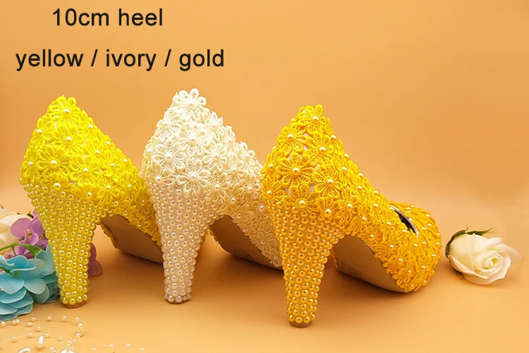 BaoYaFang/Новое поступление, сладкие свадебные туфли цвета слоновой кости с цветком желтая/Золотая кружевная обувь женская обувь на каблуке 10 см Женская обувь под вечернее платье