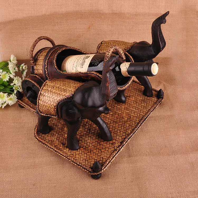 

Two Elephants Pull Carts Bamboo Creative Retro Furniture Made of Solid Wood Elegant Manual Home Decorations Ornaments Wine Racks