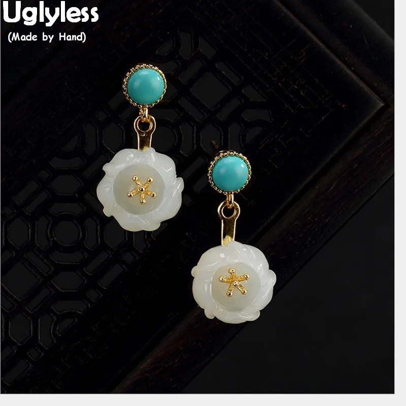 

Uglyless Romantic Elegant Floral Earrings for Women Natural White Jade Flower Earrings Solid 925 Silver Handmade Fine Jewelry