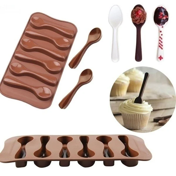 

1pc 6 Holes Spoon Shape Chocolate Mold Silicone DIY Biscuit Jelly Pudding Candy Ice Baking Tools Spoon Design Cake Moulds