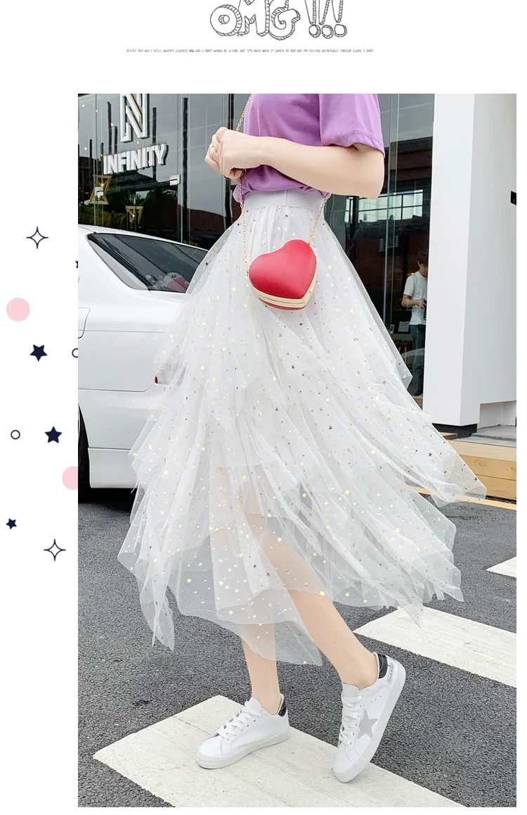 Women's Skirts Summer 2020 New Korean Stars Sequin Elegant High Waist A-line Pleated Elastic Belt School Spring Midi Skirt Femme
