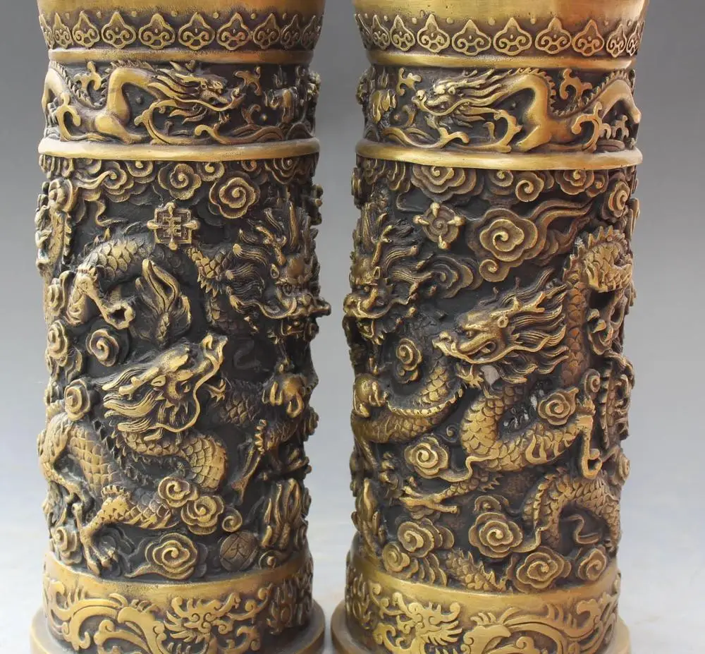 10" Chinese Dynasty palace Bronze 9 Dragon Brush Pot pencil Holder vase