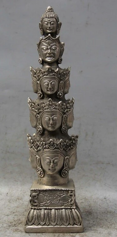 

zhrui6660<<10" Tibet Tibetan Buddhism Silver 11 Face Shakyamun Buddha Head Statue Sculpture