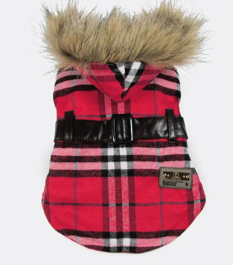 Модная одежда для собак, клетчатое стильное зимнее теплое пальто с поясом, куртка с капюшоном для щенков, одежда для домашних животных, ветрозащитная теплая одежда, Размеры M, L, XL - Цвет: Red grid