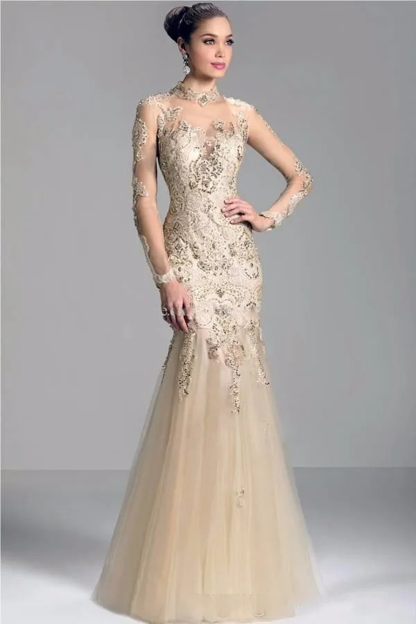 

Champagne High neck Evening Dress 2015 Tulle Mermaid Mother of the Bride Dress Long Sleeves Sheer Back Zipper Prom Dress z8