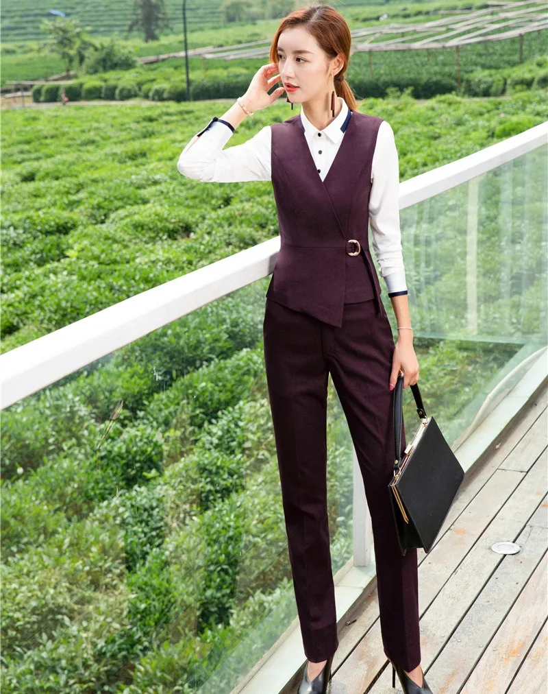 

Fashion Wine Uniform Styles Pantsuits With Vest Coat And Pants And Blouses For Business Women Pantsuits OL Styles Pants Sets