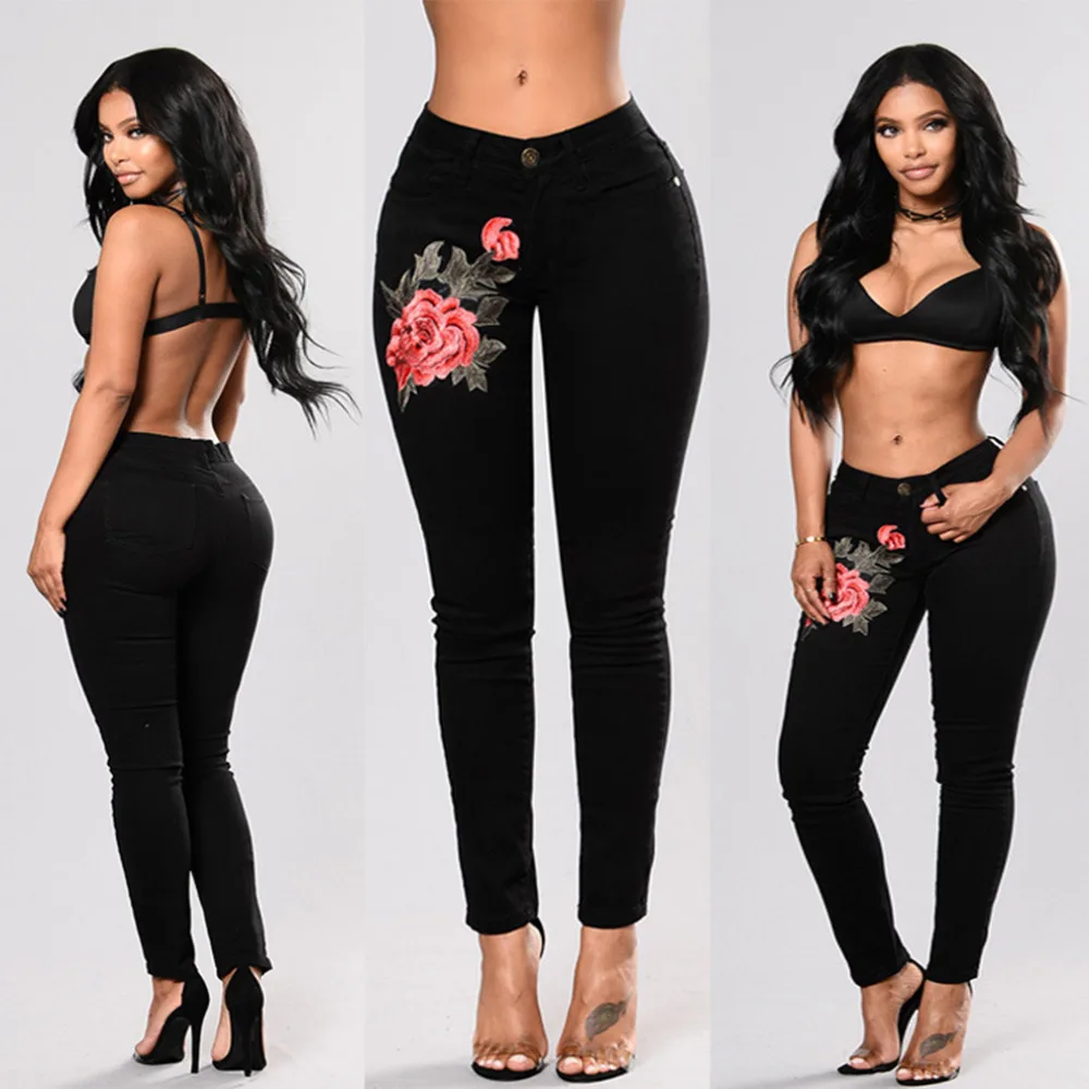 New Plus Size Blue High waist Pencil Ripped Floral Hole Jeans Woman Stretch Skinny Vintage Denim Pants Boyfriend Elastic Trouser