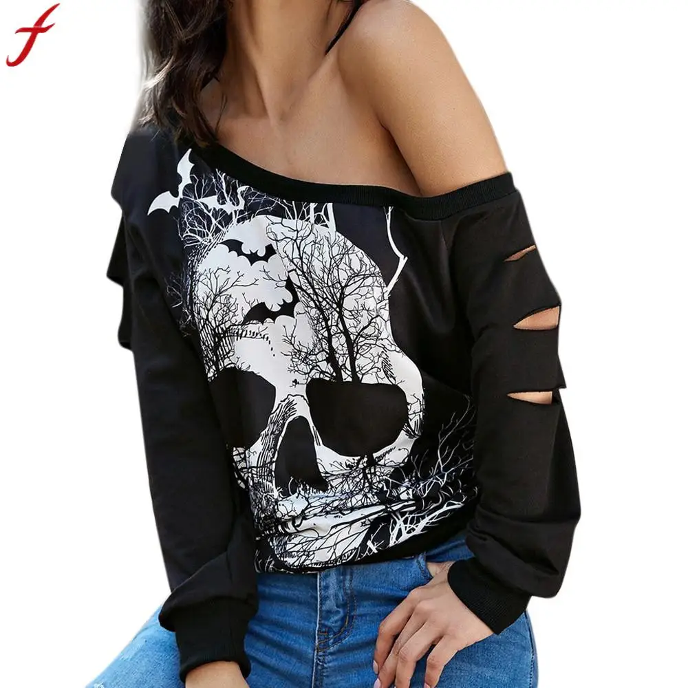 

2019 Women vintage skew collar Shirt Fashion Lantern Sleeve Blouse Women Skull Bat Print Hollow Out Tunic Shirt camisa feminina