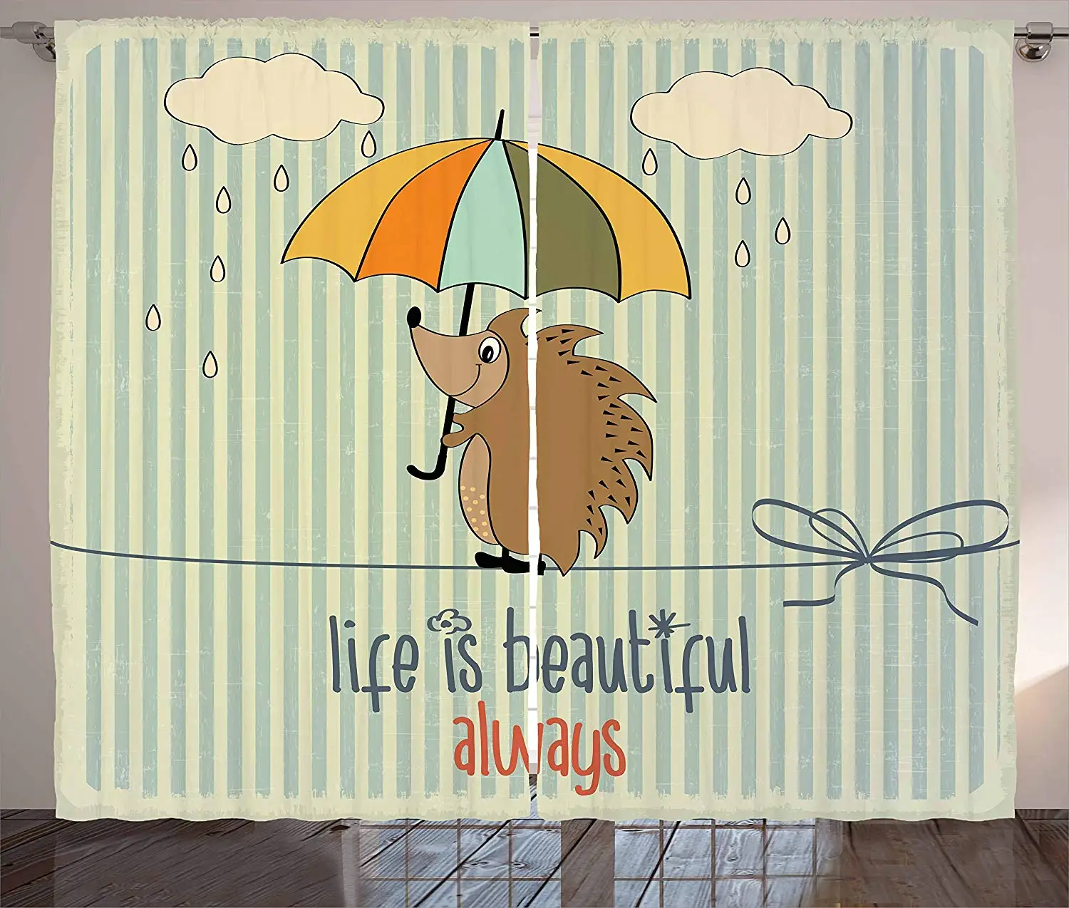 

Quote Kitchen Curtains Tightrope Walker Hedgehog Holding Handle Umbrella and Life is Beautiful Always Text Window Drapes 2 Panel