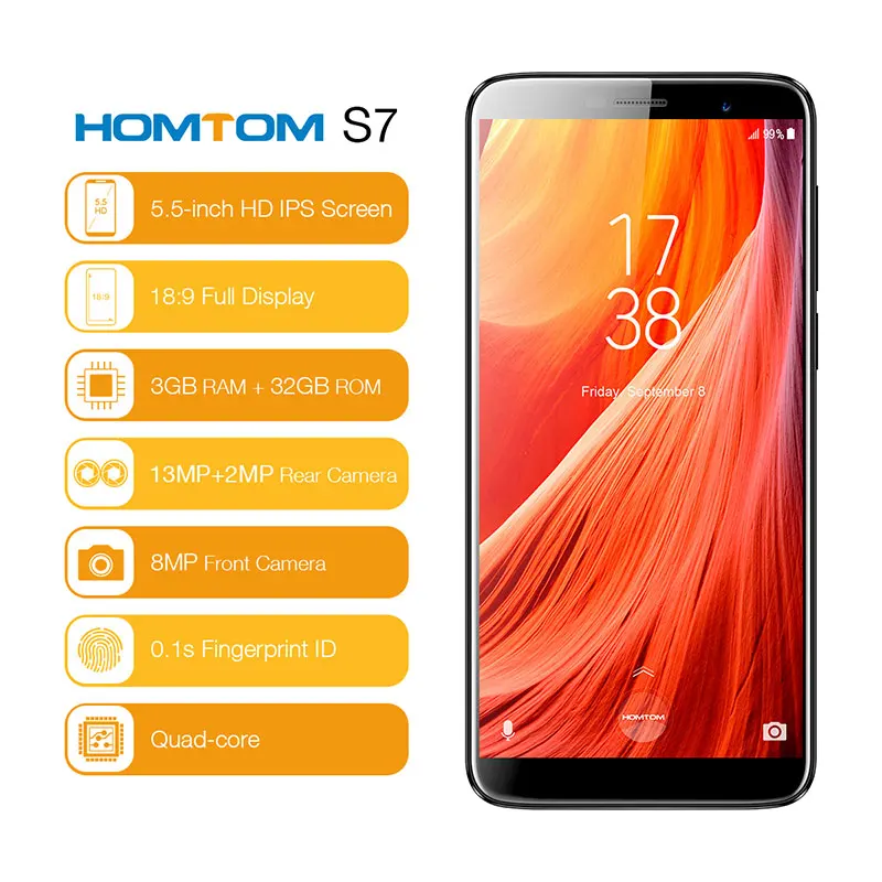 Оригинальный HOMTOM S7 Android7.0 сзади 13MP + 2MP 5 "HD ips отпечатков пальцев две sim карты 3 ГБ 32