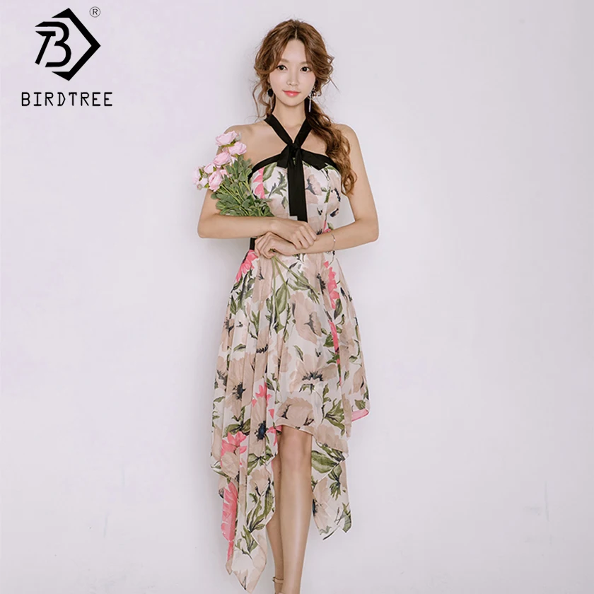 

2019 New Summer Women's Print Sleeveless Embroidery Midi Dress Bow Off Shoulder High Waist Office Lady Hot Sale D94907K