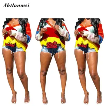 

Rainbow Color Deep V Sweater Pullover Women 2019 Autumn Striped Loose Pullover Knitted Long Sleeve Cropped Sweater Causal Pull