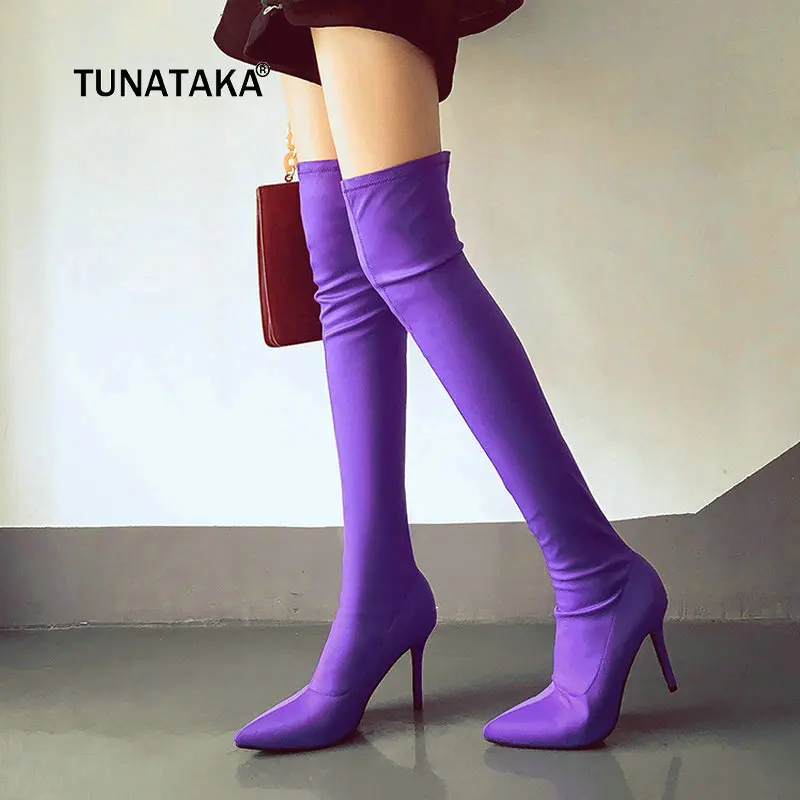 

Women Stretch Cloth Sexy Thin High Heel Over the Knee Boots Fashion Slip On Pointed Toe Fall Winter Thigh Boots Black Apricot