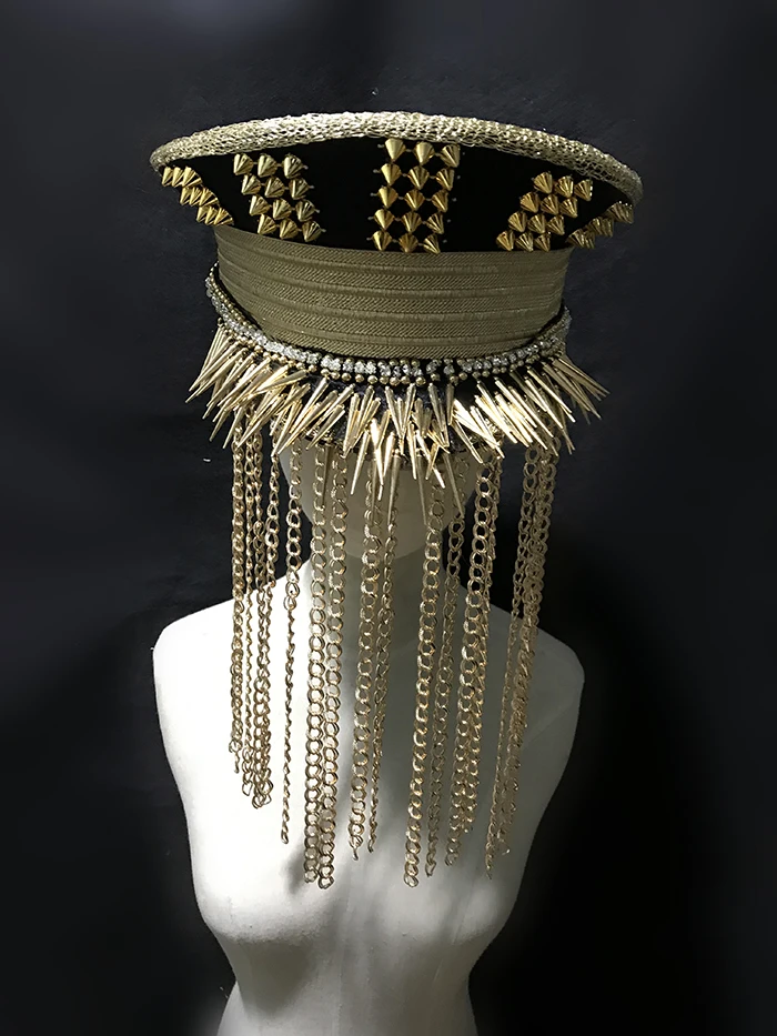 

Handsome punk golden rivets metal hat fringe hat decoration punk bar DJ performance singer cap