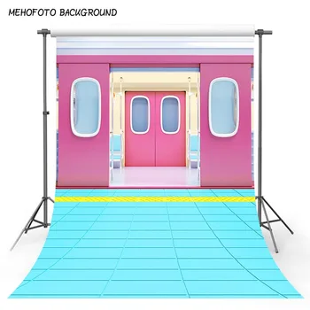 

Photographic Background Pink Train Blue Brick Floor Photo Backdrops for Wedding 10x20ft Photo Studio Backgrounds for Kid Picture