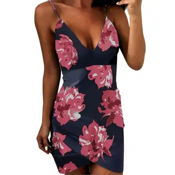 

Women Dress Fashion Flowers Sleeveless V-Neck Above Knee Spaghetti Strap Sheath Dress Polyester Spring Summer Dress Sexy