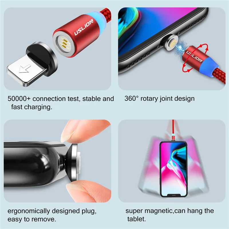 USLION, магнитное зарядное устройство, быстрая зарядка, магнит, USB, микро кабель, 3А, Тип C, кабель type-C, светодиодный, в нейлоновой оплетке, для Iphone 7, XS, XR, samsung