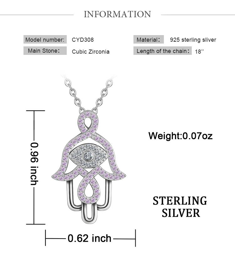 EUDORA, 925 пробы, серебряное ожерелье с подвеской в виде руки хамсы, рука Фатимы, розовый CZ, шарм, ангел, звонящий, хорошее ювелирное изделие, подарок D308