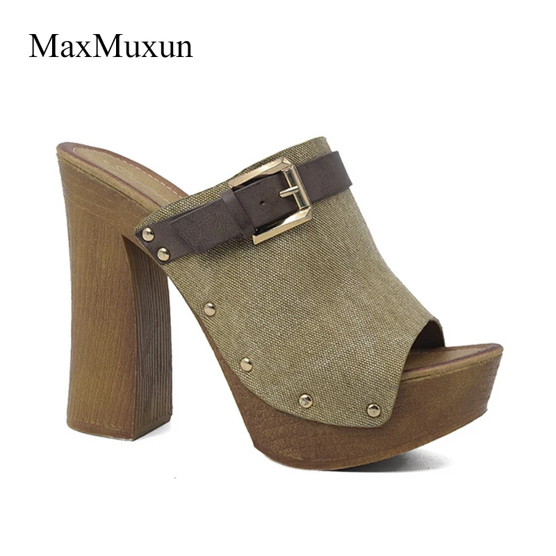 MaxMuxun Schoenen Vrouw Canvas Houten Chunky Hak Platform Slide Sandalen  Sexy Dames Ronde Peep Toe Gesp Hoge Dikke Hakken Sandaal|womans slippers  lady|slippers toewomen slippers - AliExpress