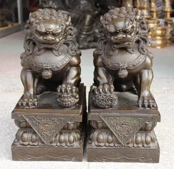 

18" Chinese Pure Bronze Guardian Foo Fu Dog Phylactery Door Lion Flower Pair