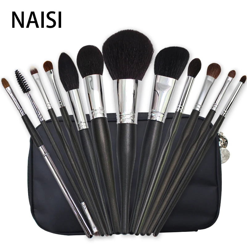 

NAISI 12Pieces Makeup Brushes Set blcak/silver Foundation High Quality Make up brushes tool kits goat horse synthetic hair