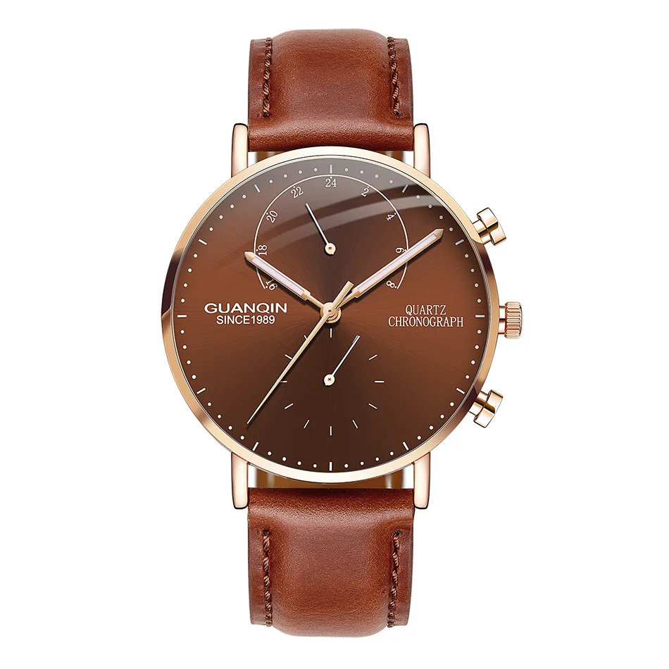 GUANQIN брендовые роскошные часы, мужские модные креативные аналоговые светящиеся часы с хронографом и кожаным ремешком в стиле ретро, кварцевые часы