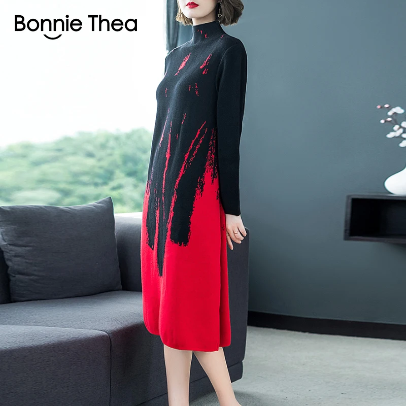 Cena Bonnie thea kobiety zima golf party sukienka z dzianiny damska jesień elegancki sweter sukienka vestidos Vintage lady sukienka 2018