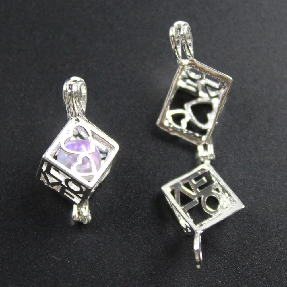 

26*17mm Love Heart Cube Pearl Cage Pendant Aromatherapy Essential Oil Diffuser Locket Necklace Volcanic Setting Lava Stone