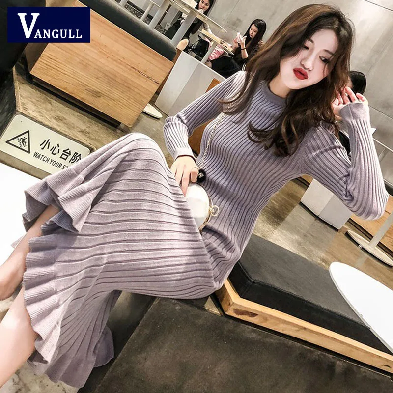 

Vangull Women Sweater Dress Autumn Winter Clothes New Fashion Ruffle Long Sleeve Knitted Dress Women Casual Knee Length Dress