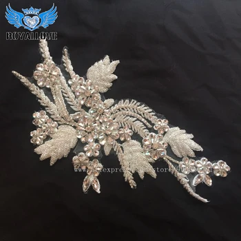 

luxury 3D rhinestone beaded sewing patch flower lace applique Patches Beaded 11x31cm Sew-on Wedding Patch Decoration 20Pcs