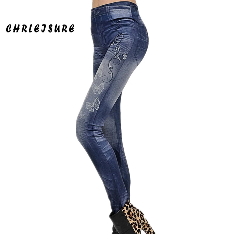 

CHRLEISURE Women Denim Leggings Fashion 7 Bows Print Seamless Casual Jean Pants Stretch Elastic Ladies Silm Jeans Legging Women