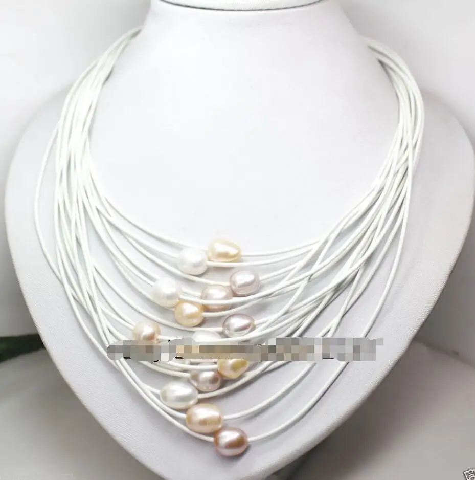 

Free Shipping >>>> New 11-12mm Baroque Freshwater Pearl Multi-Strand White Leather Necklace